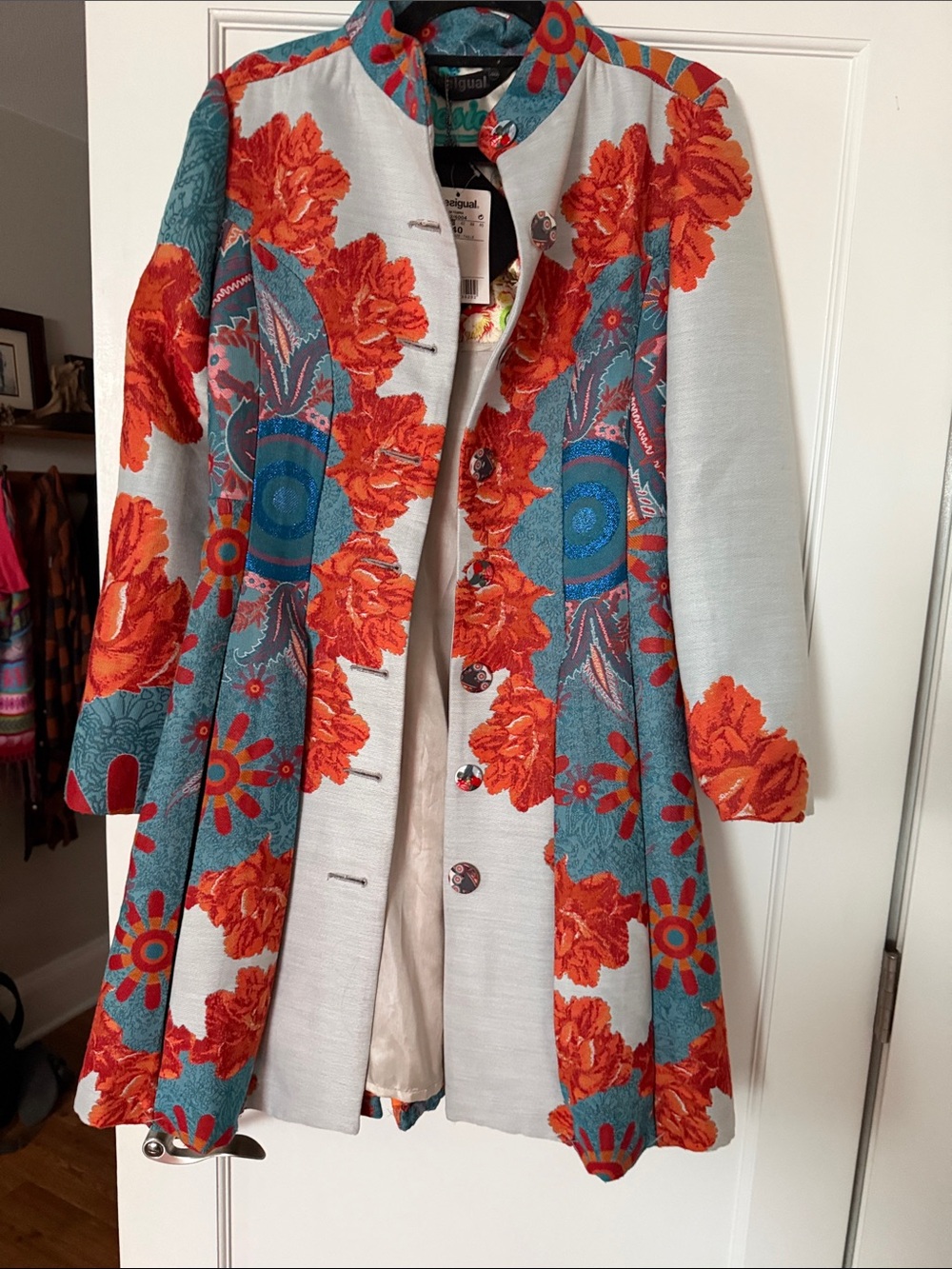 Desigual Light Gray Coat with Bold Red Floral & Teal Panels